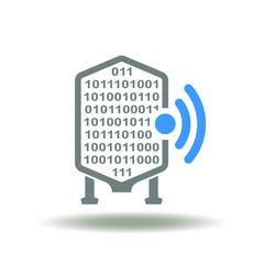 Vector illustration of elevator with binary numbers zero one and wireless radio signal. Icon of information silo. Symbol of data silos. Smart innovative agriculture technology sign. © wladimir1804