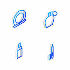 Set Isometric line Perfume, Makeup powder with mirror, Lipstick and Eyeliner, eyebrow icon. Vector