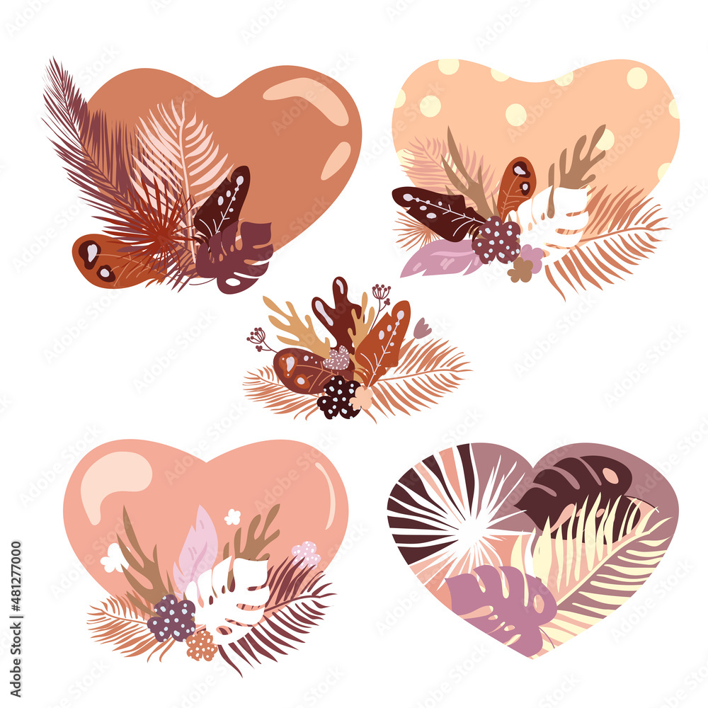Aufkleber set of vector hearts with floral and leaf compositions and with decorative feathers on white backgro