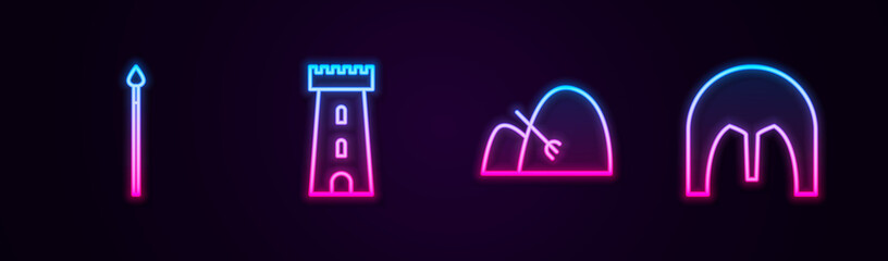 Set line Medieval spear, Castle tower, Bale of hay and rake and iron helmet. Glowing neon icon. Vector