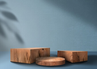 Wooden exhibition podium. Blue Cosmetic showcase. 3D Background. Cosmetic display product. Group Wood pedestals. Branch shadow with Leaves. Stand with Wood texture. Tropical Leave. 3D render