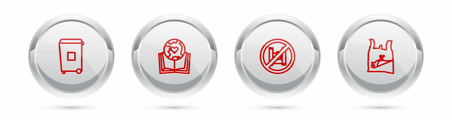 Set line Trash can, Earth globe and book, Say no to plastic bags poster and Dead bird,. Silver circle button. Vector