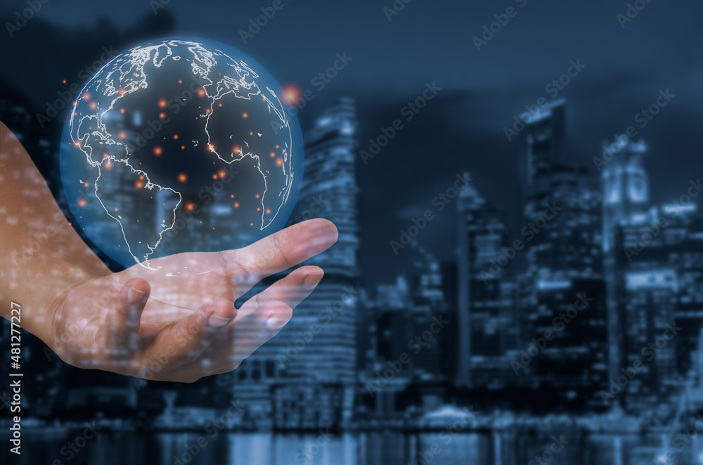 Poster businessman touching global network communication and data exchanges world 3d rendering concept.