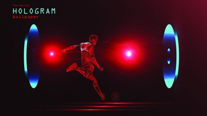 The series of hologram wallpaper. Action figure of a football player on light projection.