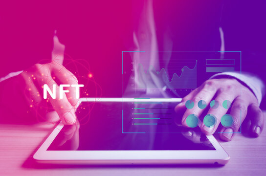 businessman using modern technology tablet metaveres NFT token digital crypto blockchain virtual screen