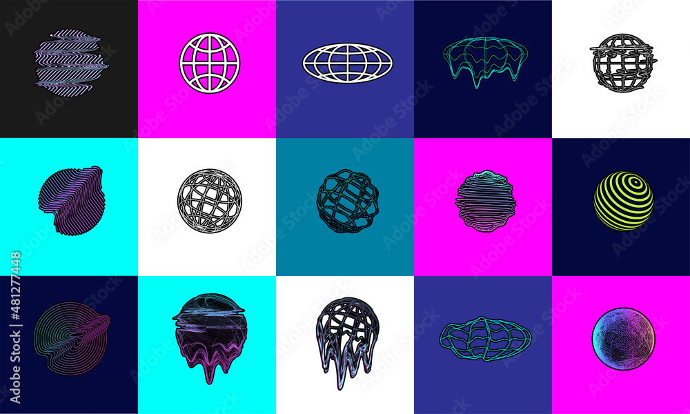 Aufkleber Retrofuturism and Vaporwave. Trendy geometric shapes in from 80s-90s. Old wave cyberpunk concept. 3D icons and singts with glitch and neon effect. Geometric shapes with effect of liquid. Vector set