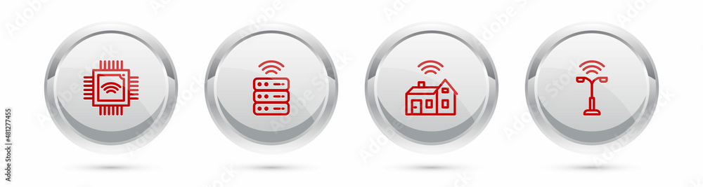 Poster set line processor with microcircuits cpu, smart server, home wireless and street light. silver circ