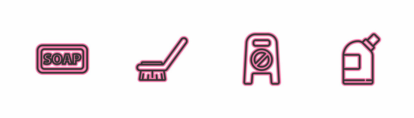 Set line Bar of soap, Wet floor and cleaning in progress, Brush for and Bottles agent icon. Vector