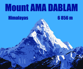 Blue colored vector illustration of mount Ama Dablam on the way to mount Everest base camp, Nepal Himalayas - obrazy, fototapety, plakaty