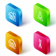 Set Isometric line Farm house, Full sack, and Gardening handmade scissors icon. Vector