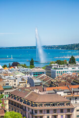 View of jet d-Eau from the window of St. Peter's Cathedral, Geneva Switzerland