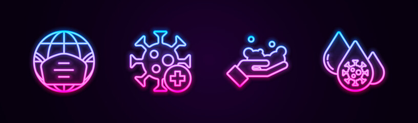 Fototapeta na wymiar Set line Earth with medical mask, Positive virus, Washing hands soap and Blood test. Glowing neon icon. Vector