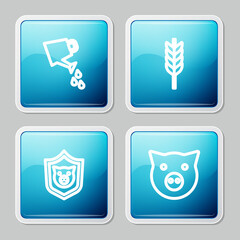 Set line Watering can, Wheat, Shield with pig and Pig icon. Vector