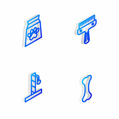 Set Isometric line Hair brush for dog and cat, Bag of food pet, Cat scratching post and Dog bone icon. Vector