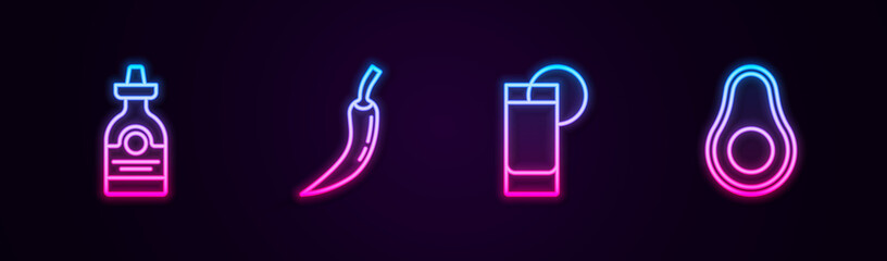 Set line Tequila bottle, Hot chili pepper pod, glass with lemon and Avocado fruit. Glowing neon icon. Vector