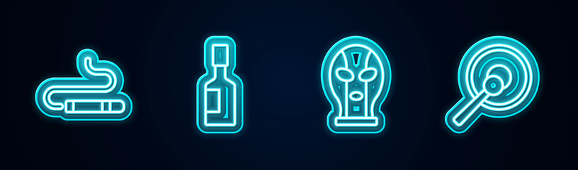 Set line Cigar, Tabasco sauce, Mexican wrestler and Gong. Glowing neon icon. Vector