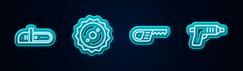 Set line Chainsaw, Circular blade, Reciprocating and Electric cordless screwdriver. Glowing neon icon. Vector