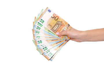 Woman hand holding euro banknotes or cash money isolated on white background. - obrazy, fototapety, plakaty