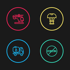 Set line Fuel tanker truck, No Smoking, Box flying on parachute and Helicopter icon. Vector