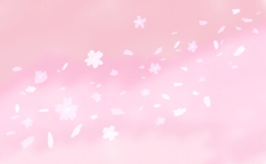 水彩画イラスト。風に舞う桜の花びら。春の桜の花イラスト。淡いピンク色と桜の背景。Watercolor illustration. Cherry blossom petals dancing in the wind. Spring cherry blossom illustration. Pale pink and cherry blossom background.