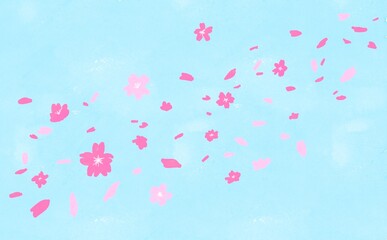 水彩画イラスト。風に舞う桜の花びら。春の桜の花イラスト。青空と桜の背景。Watercolor illustration. Cherry blossom petals dancing in the wind. Spring cherry blossom illustration. Blue sky and cherry blossom background.