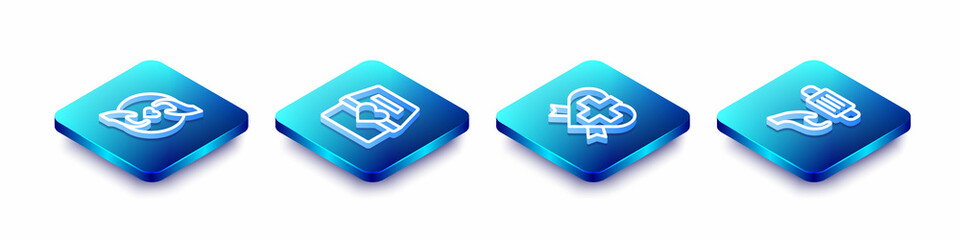 Set Isometric line Pleasant relationship, Donation and charity, Heart with cross and Medical protective mask icon. Vector