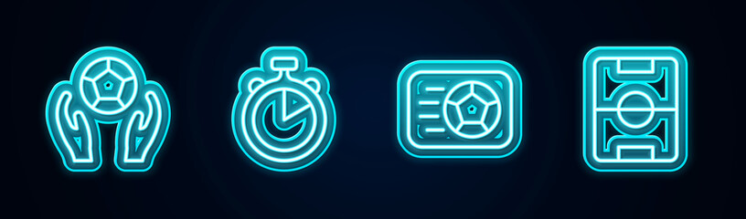 Set line Soccer football ball, Stopwatch, and Football field. Glowing neon icon. Vector