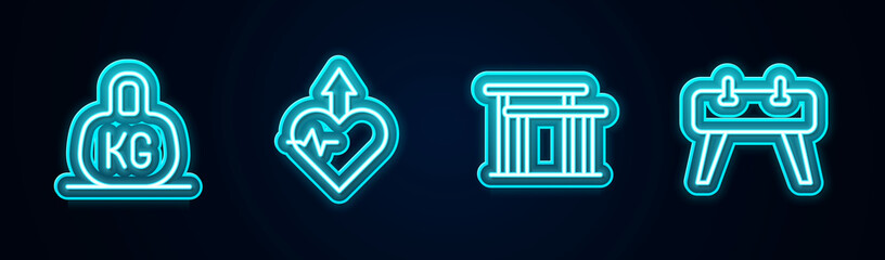 Set line Weight, Heartbeat increase, Uneven bars and Pommel horse. Glowing neon icon. Vector