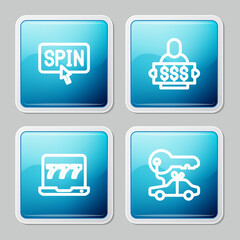 Set line Slot machine spin button, Winner holding prize ticket, Laptop and slot and Car gift icon. Vector