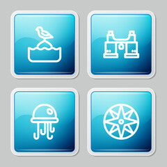Set line Seagull sits on a buoy, Binoculars, Jellyfish and Wind rose icon. Vector