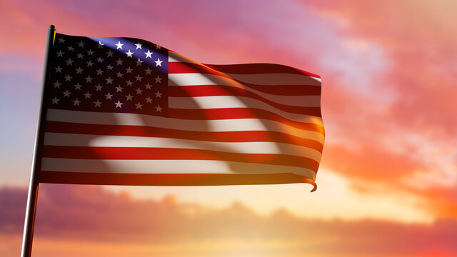 USA flag. American flag on the background of the dawn sky. The national flag of the United States waving. Star-spangled American banner. Symbol of the United States of America. 3d image