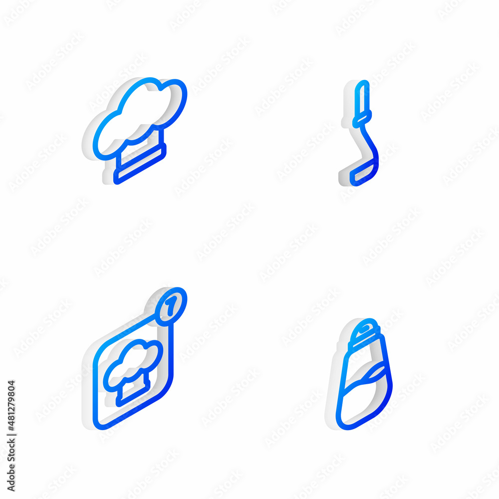 Sticker Set Isometric line Kitchen ladle, Chef hat, and Salt icon. Vector