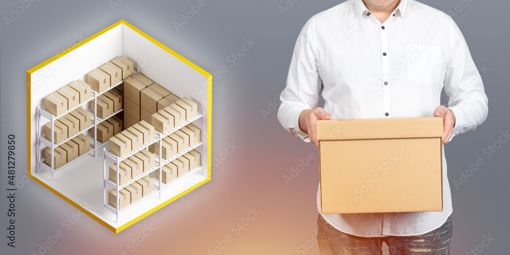 Poster storage system demonstration. man with box next to the warehouse. storage room with shelves. storage