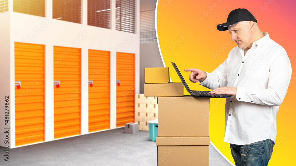 Poster man looking for storage unit. man with boxes and a laptop. rent storage rooms through an online app.