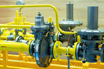 Gas control equipment. Natural gas supplies. Yellow pipeline. Regulators and pressure reducers on...