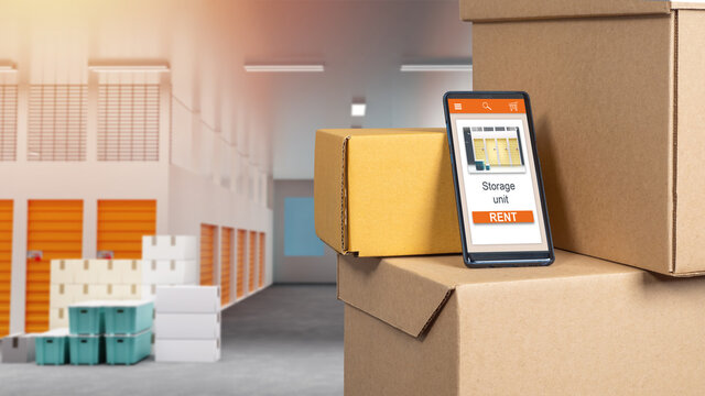 Rental storage unit. Warehouse reservation via phone. Blurred warehouse containers area. Smartphone with storage unit rent app. Program for booking warehouse facilities. 3d image