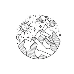 Doodle solar system and mountain Hand drawn sketch