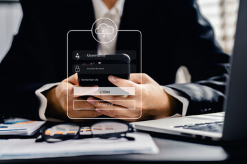 Businesswoman using smartphone access to virtual personal information, cybersecurity online financial transactions, application login authentication.