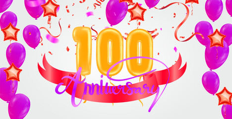 Anniversary 100th background colorful ribbon and confetti. Poster or brochure template. Vector illustration.