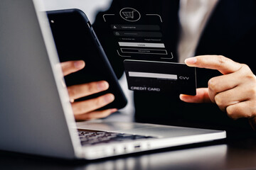 Businesswoman using a smartphone to shop online via credit card, Access to virtual personal information, cybersecurity online financial transactions, application login authentication.
