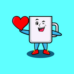Cute cartoon mascot character coffee tea cup mascot holding big red heart in modern style design for t-shirt, sticker, and logo element