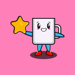 Cute cartoon mascot character coffee tea cup mascot holding big golden star in cute modern style design for t-shirt, sticker, logo element