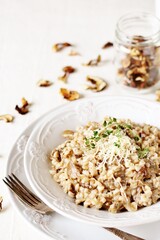 mushroom and barley risotto (Orzotto) , barley porridge with mushrooms. dried porcini mushrooms