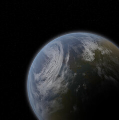 Blue-Green Alien Planet with Starfield Background, 3d digitally rendered science fiction illustration