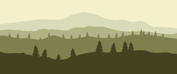 Pine forest on the mountain layers landscape vector illustration can be used for background, desktop background, minimalist illustration, typography background, nature banner background.