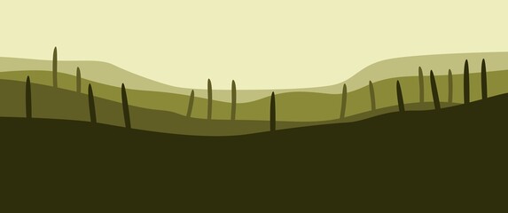 Single-stand cactus on hills landscape vector illustration, can be used for background, backdrop, game asset background, typography background, illustration, wallpaper ideas.