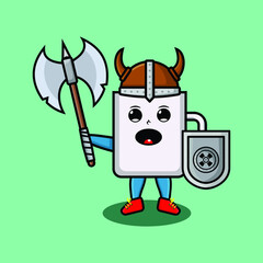 Cute cartoon character Coffee tea cup viking pirate with hat and holding ax and shield in modern design for t-shirt, sticker, logo element, poster