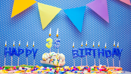 Happy birthday candle letter word for thirty five years old. Copy space Happy birthday greetings...