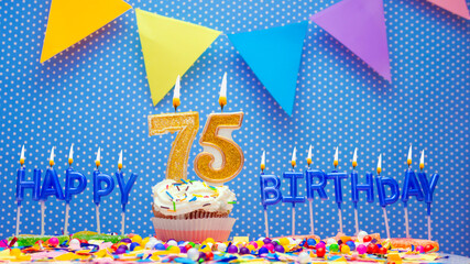 Happy birthday candle letter word for seventy five years old. Copy space Happy birthday greetings for 75 years, lit candles with holiday decorations. Beautiful holiday card © Andrii