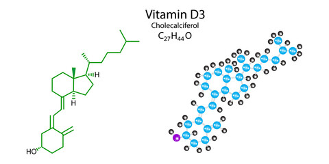 Cholecalciferol molecular structure. Vitamin D3 skeletal formula. Science background. Vector illustration. Stock image. 